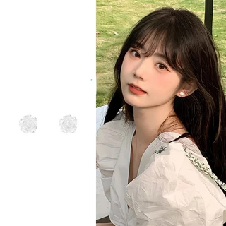 ต่างหูกระดุมเงินแท้ S925 รูปดอกกุหลาบ สีขาว เครื่องประดับ สําหรับผู้หญิง