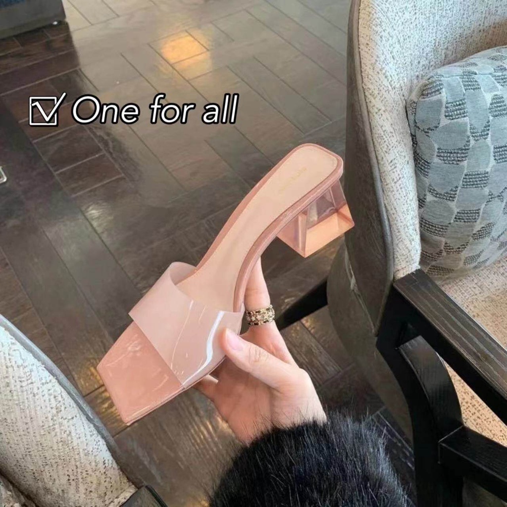 One for all พร้อมส่งจากไทย TX431 รองเท้าแตะ ส้นบล็อก หัวสี่เหลี่ยม  สีโปร่งใส ไซซ์ 35-40