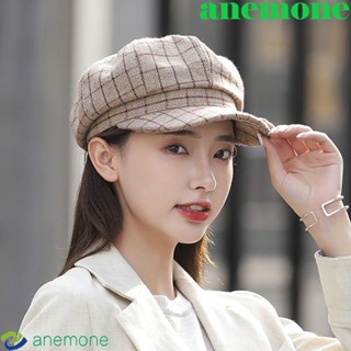 Anemone หมวกเบเร่ต์ ผ้าวูล ทรงแปดเหลี่ยม ลายสก๊อต ปรับได้ สไตล์เกาหลี สตรีท สําหรับผู้หญิง