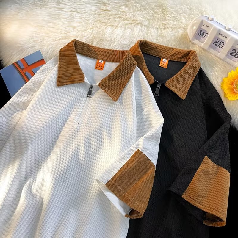 เสื้อโปโลแขนสั้น แขนห้าส่วน แต่งซิป สีคอนทราสต์ สไตล์ฮิปฮอป สตรีท แบบเป็นทางการ เหมาะกับฤดูร้อน สําหรับผู้ชาย