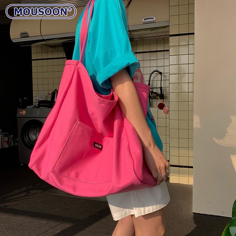 Mousoon กระเป๋าสะพายไหล่ผู้หญิงผ้าแคนวาสใหม่ Ins กระเป๋าโท้ทเวอร์ชั่นเกาหลีเรียบง่ายความจุขนาดใหญ่