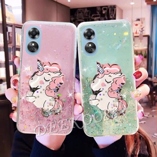 พร้อมส่ง เคสโทรศัพท์มือถือแบบนิ่ม ลายการ์ตูนยูนิคอร์น แต่งกลิตเตอร์ ดาว ระยิบระยับ พร้อมขาตั้ง สําหรับ OPPO A58 A78 4G A58