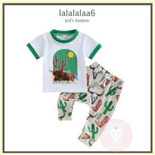 Laa6- เสื้อยืดคอกลม พิมพ์ลายกระบองเพชร และรองเท้าบูทหัววัว แฟชั่นฤดูร้อน สําหรับเด็กผู้ชาย