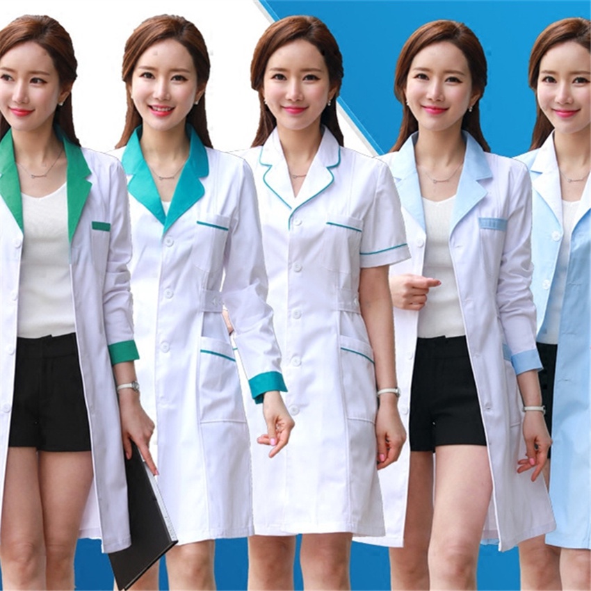 【สามหรือมากกว่านั้น / ฟรีเย็บปักถักร้อย】เสื้อโค้ทแล็บผู้หญิง แฟชั่น เครื่องแบบทางการแพทย์ เสื้อแจ็กเก็ตยาว พร้อมเข็มขัดด้านข้าง แขนสั้น / ชุดทํางาน แขนยาว เสื้อเภสัช สีขาว