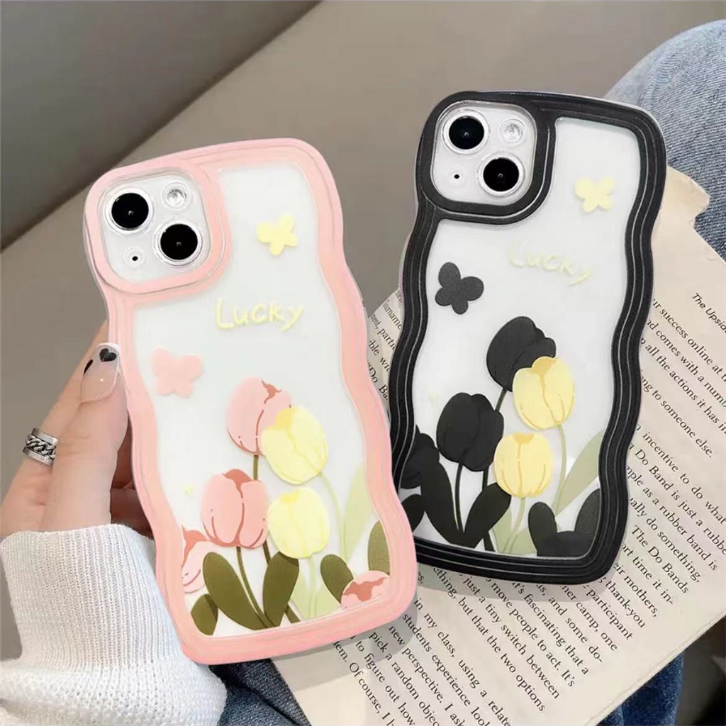 ปลอก VIVO V2026 V2032 V2042 สีดําสีชมพูดอกทิวลิปดอกไม้กรอบคลื่น Soft TPU เคสโทรศัพท์กันกระแทก