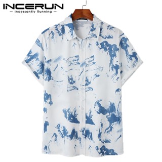 Incerun เสื้อเชิ้ตแขนสั้น ผ้าฝ้าย ผ้าลินิน พิมพ์ลายหมึก สไตล์เรโทร สําหรับผู้ชาย