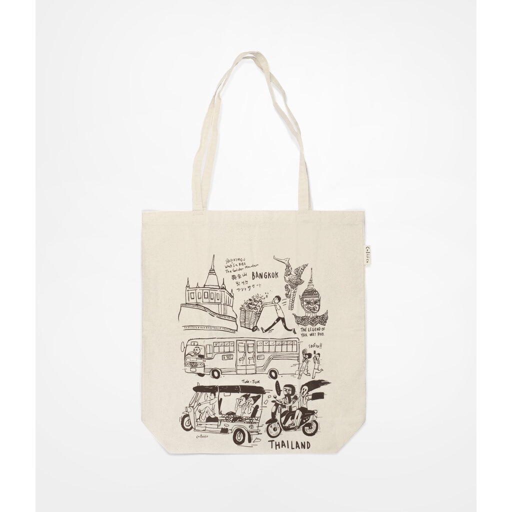 caliiicoกระเป๋าสะพายผ้าดิบ ลายไทยแลนด์ TTote bag denim fabric print with Thai Story