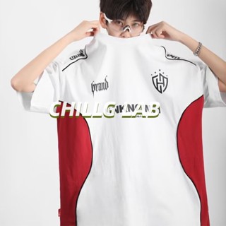 CHILLG LAB เสื้อยืดสไตล์อเมริกันเรโทรไทด์กีฬาฮิปฮอปตีฟุตบอลแขนสั้นสไตล์รถแข่งสีเข้ม