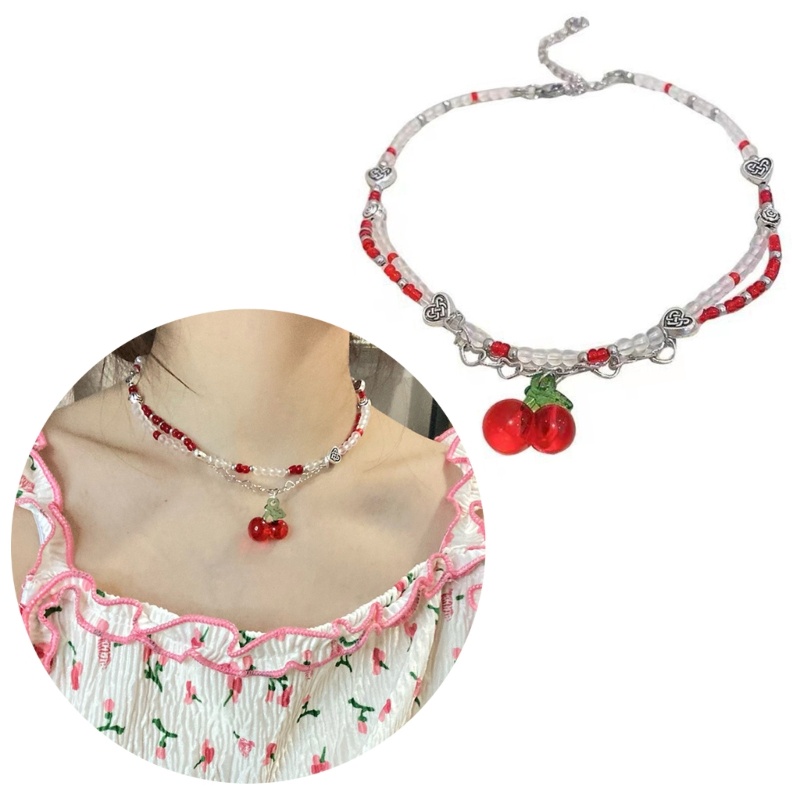 Lu สร้อยคอเชอร์รี่ลูกปัด Egirl Aesthetic Grunge Y2k 90s เครื่องประดับอุปกรณ์เสริม