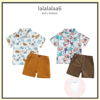 Laa6- เสื้อเชิ้ตแขนสั้น คอปก พิมพ์ลายไดโนเสาร์ และกางเกงขาสั้น สีพื้น สําหรับเด็กผู้ชาย