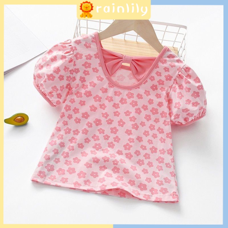 เสื้อยืดแขนสั้น ผ้าฝ้ายแท้ ประดับโบว์ ลายดอกไม้ สีพื้น สไตล์ตะวันตก แฟชั่นฤดูร้อน สําหรับเด็กผู้หญิง