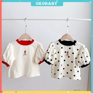 OKOBABY🌈พร้อมส่ง🌈เสื้อยืดแขนสั้นสําหรับเด็ก สาวน้อย แขนพัฟเกาหลี เสื้อลายจุด 1-6 ปี