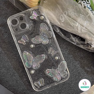 เคสโทรศัพท์มือถือแบบนิ่ม TPU ใส ลายผีเสื้อ 3D กลิตเตอร์ สําหรับ iPhone 11 Pro Max 13 12 14 Pro Max XR X Xs Max 7 8 Plus SE