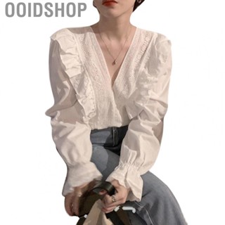 Ooidshop Long Sleeve Ruffle V Neck Blouse  Skin Friendly Solid Color Breathable Puff Long Sleeve Blouse Court Style  for Daily Wear