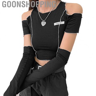 Goonshopping Fit T Shirt  Lightweight Skin Friendly Breathable Cotton Cold Shoulder Short T Shirt Black Round Neck  for Party