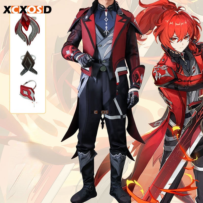 XCXOSD Genshin Impact Diluc คอสเพลย์เครื่องแต่งกายเกมสีแดง Dead of Night Roleplay ฮาโลวีนปาร์ตี้ชุดว