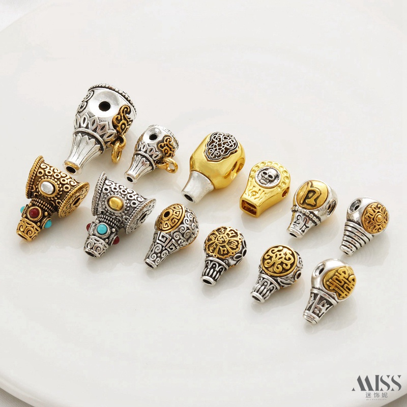18k หกตัวอักษร Mantra เงินโบราณ King Kong Tower หัว Spacer ลูกปัดสัตว์ Face Tee diy Wenwan สร้อยข้อมือโบราณ String เครื่องประดับอุปกรณ์เสริม