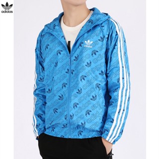 Adidas ของแท้ 100% เสื้อแจ็กเก็ต กันลม มีฮู้ด พิมพ์ลายโลโก้ แนวคลาสสิก สําหรับผู้ชาย