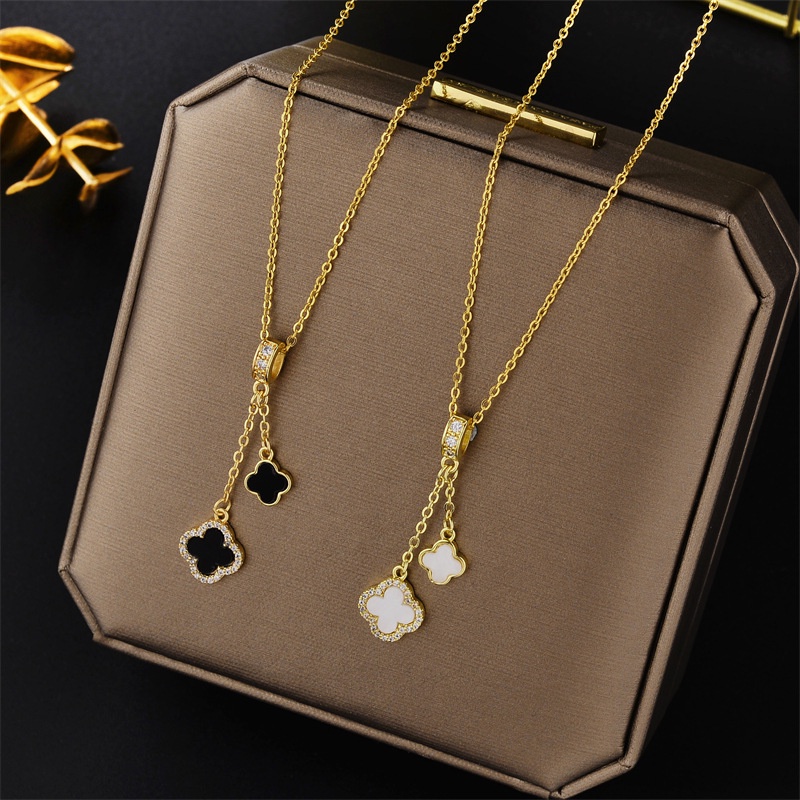 Ht Micro-Inlaid Zircon พู่ Four-Leaf Clover จี้ไทเทเนียมเหล็กสแตนเลส Clavicle Chain เครื่องประดับสาว ราคา ถูกที่สุด ดีลบีเคเค