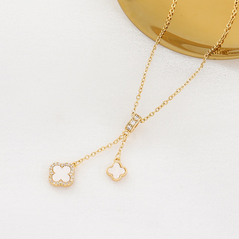 Ht Micro-Inlaid Zircon พู่ Four-Leaf Clover จี้ไทเทเนียมเหล็กสแตนเลส Clavicle Chain เครื่องประดับสาว ราคา ถูกที่สุด ดีลบีเคเค แกลเลอรีภาพที่ 7