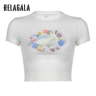 Relagala ใหม่ เสื้อยืดลําลอง แขนสั้น คอกลม ทรงสลิมฟิต พิมพ์ลายกระต่าย สีคมชัด สําหรับสตรี 2023