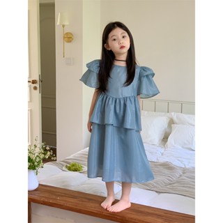 ชุดเดรสยาวปานกลาง ความยาวปานกลาง ผ้าตาข่าย สีพื้น แฟชั่นฤดูร้อน สําหรับเด็กผู้หญิง
