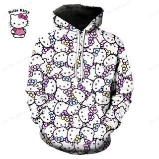 เสื้อกันหนาวแขนยาวลําลอง มีฮู้ด พิมพ์ลาย Hello Kitty 3 มิติ แบบสวมหัว สไตล์สตรีท แฟชั่นสําหรับเด็กผู้ชาย และเด็กผู้หญิง