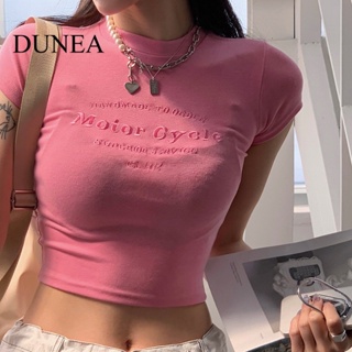 Dunea เสื้อยืดครอป แขนสั้น ปักลายตัวอักษร แนวสตรีท สําหรับผู้หญิง