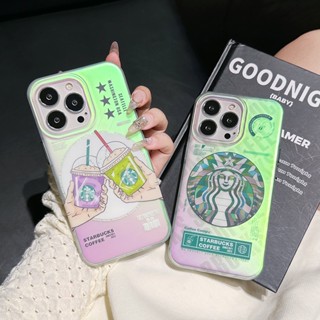 เคสป้องกันโทรศัพท์มือถือ ลายเลเซอร์ Starbucks สองด้าน คุณภาพสูง สําหรับ iPhone 11 14 12 13 Pro Max