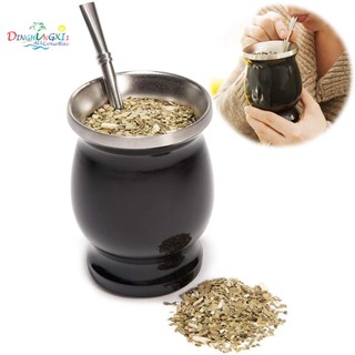 Yerba Mate ชุดน้ําเต้าสเตนเลส แบบสองชั้น และหลอดดูดชา 8 ออนซ์ สีดํา