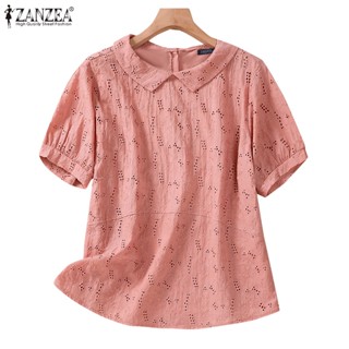 Zanzea เสื้อเบลาส์ แขนสั้น คอตุ๊กตา เย็บปักถักร้อย สีพื้น สําหรับผู้หญิง