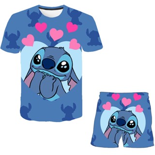 ชุดเสื้อยืดลําลอง แขนสั้น ลายการ์ตูน Stitch และกางเกงขาสั้น สําหรับเด็กผู้หญิง จํานวน 2 ชิ้น