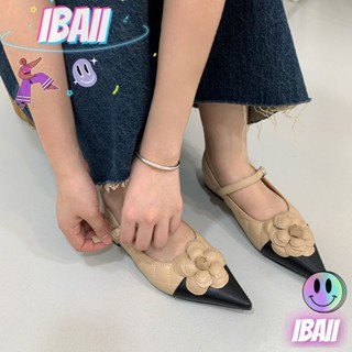 IBAII.  รองเท้าส้นหนาสตรีเดี่ยวดอกไม้ใหม่สไตล์เกาหลีหนังนิ่มส้นเตี้ยรองเท้าหัวแหลม