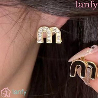 LANFY ต่างหูสตั๊ด จี้รูปตัวอักษร M ประดับเพทาย ทรงสี่เหลี่ยม สีสันสดใส สไตล์วินเทจ