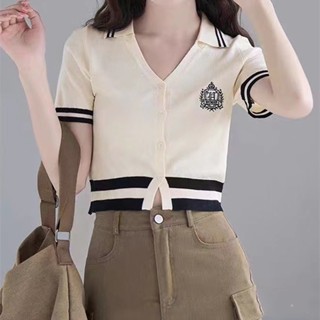 เสื้อคาร์ดิแกนแขนสั้น คอปกโปโล ผ้าถัก ลายสก๊อต ขนาดเล็ก น้ําหนักเบา สไตล์เกาหลี เรโทร