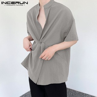 Incerun เสื้อเชิ้ต คอตั้ง แขนสั้น แบบบิด สีพื้น