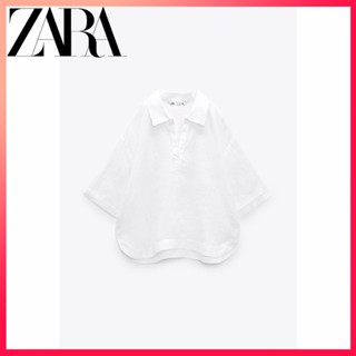 Zara ใหม่ เสื้อเชิ้ต ผ้าลินิน สีขาว สําหรับผู้หญิง