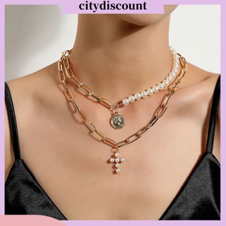 &lt;citydiscount&gt; สร้อยคอโซ่ จี้ไม้กางเขน สองชั้น ประดับไข่มุกเทียม ปรับได้ เครื่องประดับ