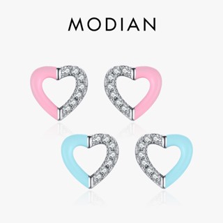 Modian ต่างหูสตั๊ด เงินแท้ 925 จี้รูปหัวใจน่ารัก สีชมพู สีฟ้า เครื่องประดับ สําหรับผู้หญิง