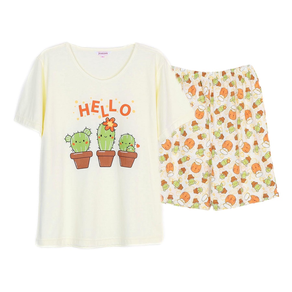 Josilins ชุดนอน ชุดอยู่บ้าน ผู้หญิง เสื้อสกรีนลาย คอกลม แขนสั้น ขาสั้น ผ้ายืด คละสี คละลาย NEW5 - รูปที่ 2