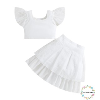 Babyclothes- เด็กวัยหัดเดิน เด็กผู้หญิง ฤดูร้อน ชุด 2 ชิ้น แขนสั้น เสื้อลําลอง สีขาว ยางยืด ชุดกระโปรง