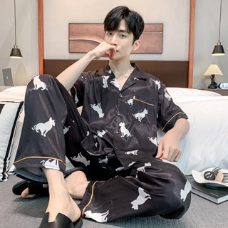 ชุดนอน เสื้อแขนสั้น กางเกงขายาว ผ้าเรยอน ลายการ์ตูนหิมะ พลัสไซซ์ แบบเรียบง่าย แฟชั่นฤดูร้อน สําหรับผู้ชาย
