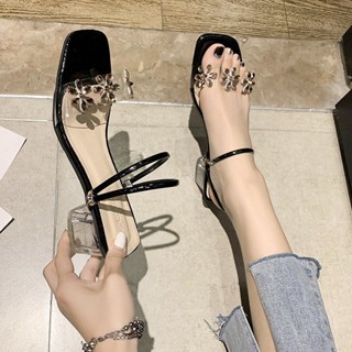 ผู้หญิงรองเท้าส้นสูงคริสตัลดอกไม้หนาส้นรองเท้า