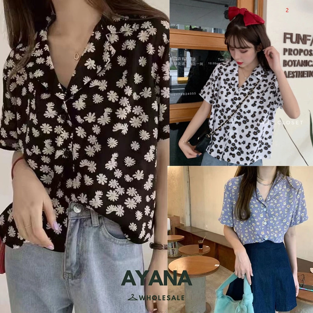 เสื้อยืดคอปกแขนสั้น ลายดอกไม้ สไตล์เกาหลี Minimal ผู้หญิง