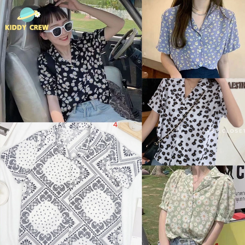 เสื้อแฟชั่นผู้หญิง คอปกแขนสั้น ลายดอกไม้ สไตล์เกาหลี