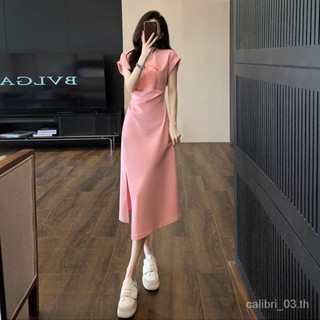 ชุดเดรสเซ็กซี่👗ชุดเดรสแฟชั่นสไตล์ฝรั่งเศสสำหรับผู้หญิงฤดูร้อนเก็บเอวใส่แล้วดูผอมสีชมพูTเสื้อเชิ้ตกระโปรงทรงสูง AX3275