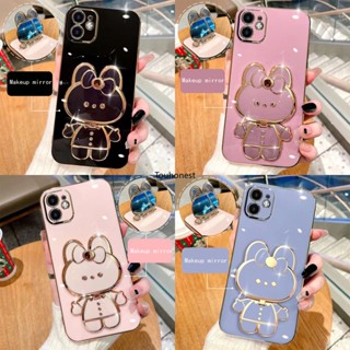 For Apple เคสไอโฟน iPhone 12 Pro Max เคส iPhone 7 Plus เคส iPhone 13 Mini Casing iPhone 8 Plus Case iPhone SE Case iPhone XR Case Cute Bunny Bracket Cartoon Stand Vanity Mirror Rabbit Holder Phone Cover Cassing Cases Case KT โทรศัพท์มือถือ