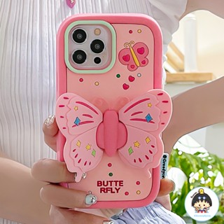 เคสโทรศัพท์มือถือแบบนิ่ม TPU กันกระแทก ลายผีเสื้อ 3D สีชมพู พร้อมที่ตั้งวาง เกรดทหาร สําหรับ IPhone 11 12 13 14 Pro Max