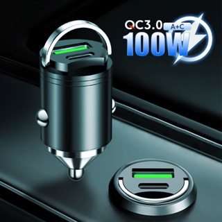 ที่ชาร์จในรถยนต์ แบบแหวนดึง 100W PD QC3.0 USB C สําหรับ Huawei Samsung Mini Charger