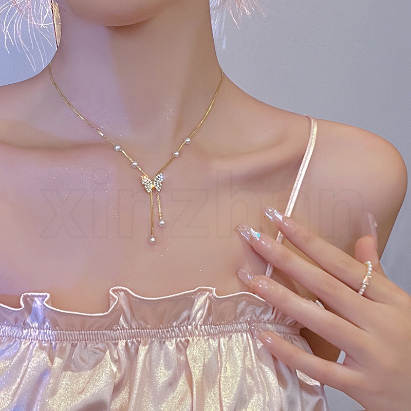 จี้ขอบเพชร แวววาว หวานแหวว / โช้กเกอร์ผีเสื้อ เด็กผู้หญิง แฟชั่น / โซ่ไหปลาร้า พู่มุก / สร้อยคออารมณ์หรูหรา เบา / เครื่องประดับจัดงานแต่งงาน ของขวัญวันเกิด